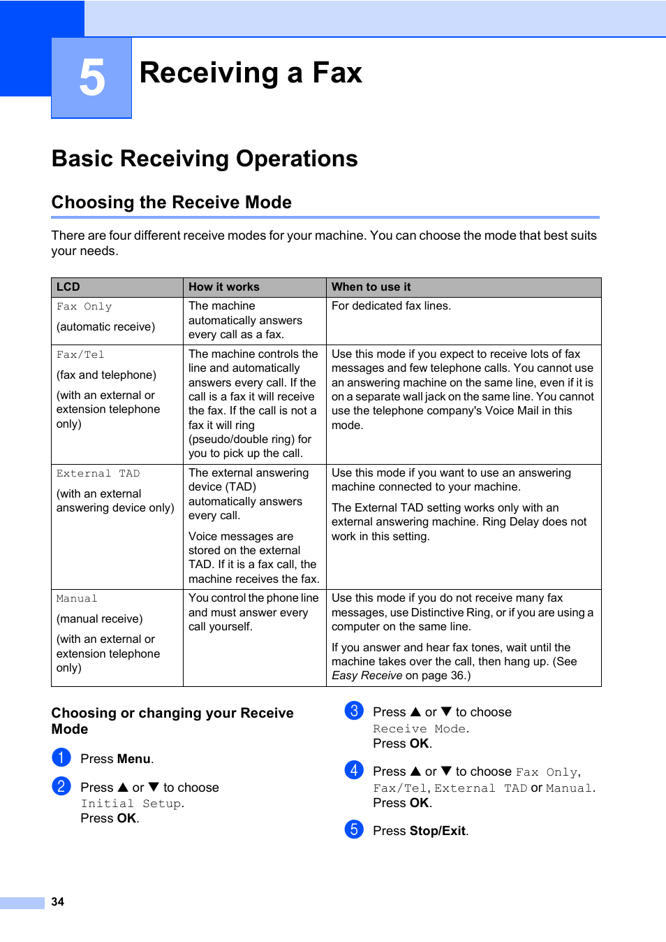 5 receiving a fax, Basic receiving operations, Choosing the receive mode | Choosing or changing your receive mode, Receiving a fax | Brother MFC-820CW User Manual | Page 50 / 171