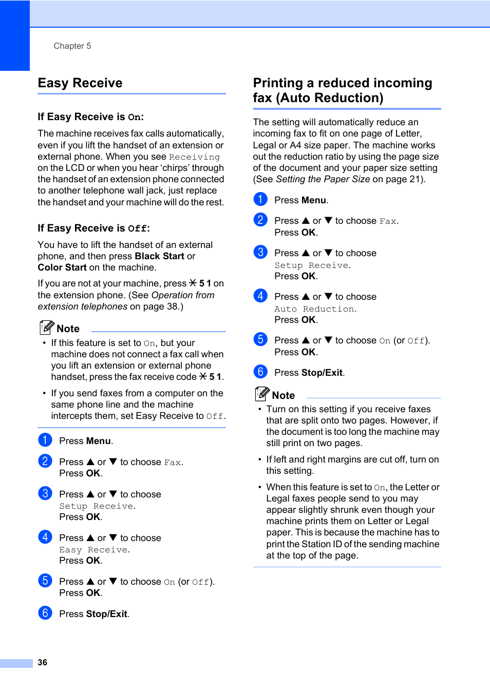 Easy receive, If easy receive is on, If easy receive is off | Printing a reduced incoming fax (auto reduction) | Brother MFC-820CW User Manual | Page 52 / 171