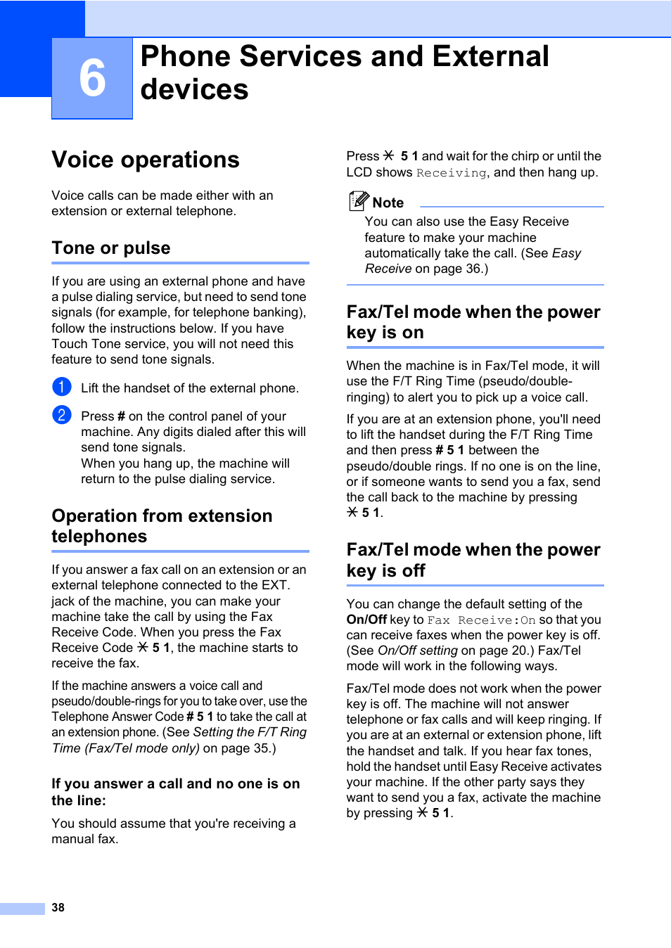 6 phone services and external devices, Voice operations, Tone or pulse | Operation from extension telephones, If you answer a call and no one is on the line, Fax/tel mode when the power key is on, Fax/tel mode when the power key is off, Phone services and external devices | Brother MFC-820CW User Manual | Page 54 / 171