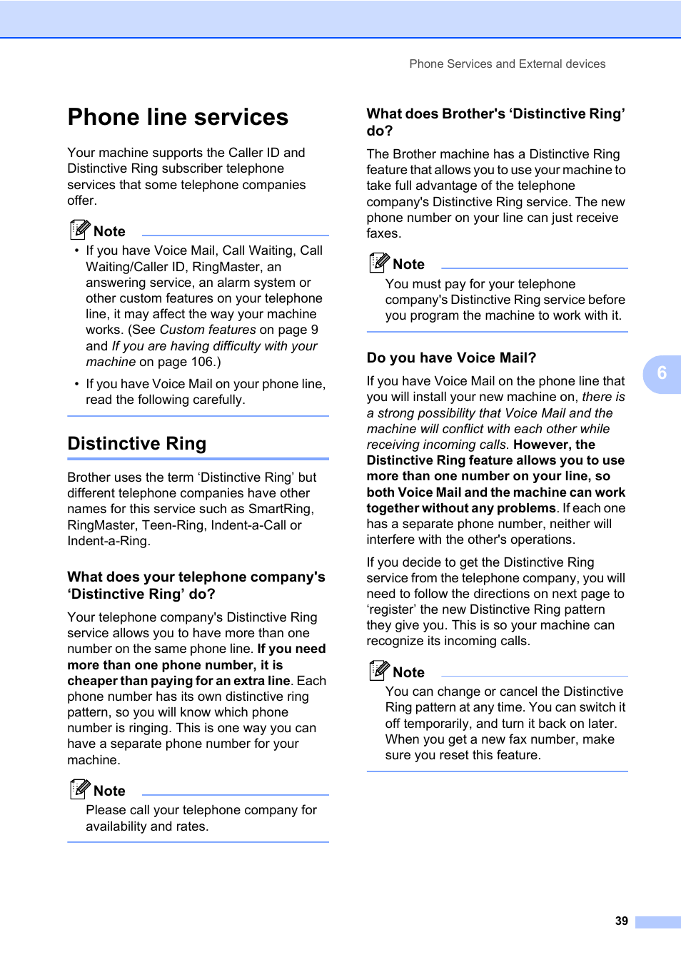 Phone line services, Distinctive ring, What does brother's ‘distinctive ring’ do | Do you have voice mail | Brother MFC-820CW User Manual | Page 55 / 171