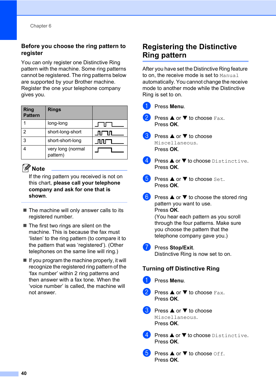 Before you choose the ring pattern to register, Registering the distinctive ring pattern, Turning off distinctive ring | Brother MFC-820CW User Manual | Page 56 / 171