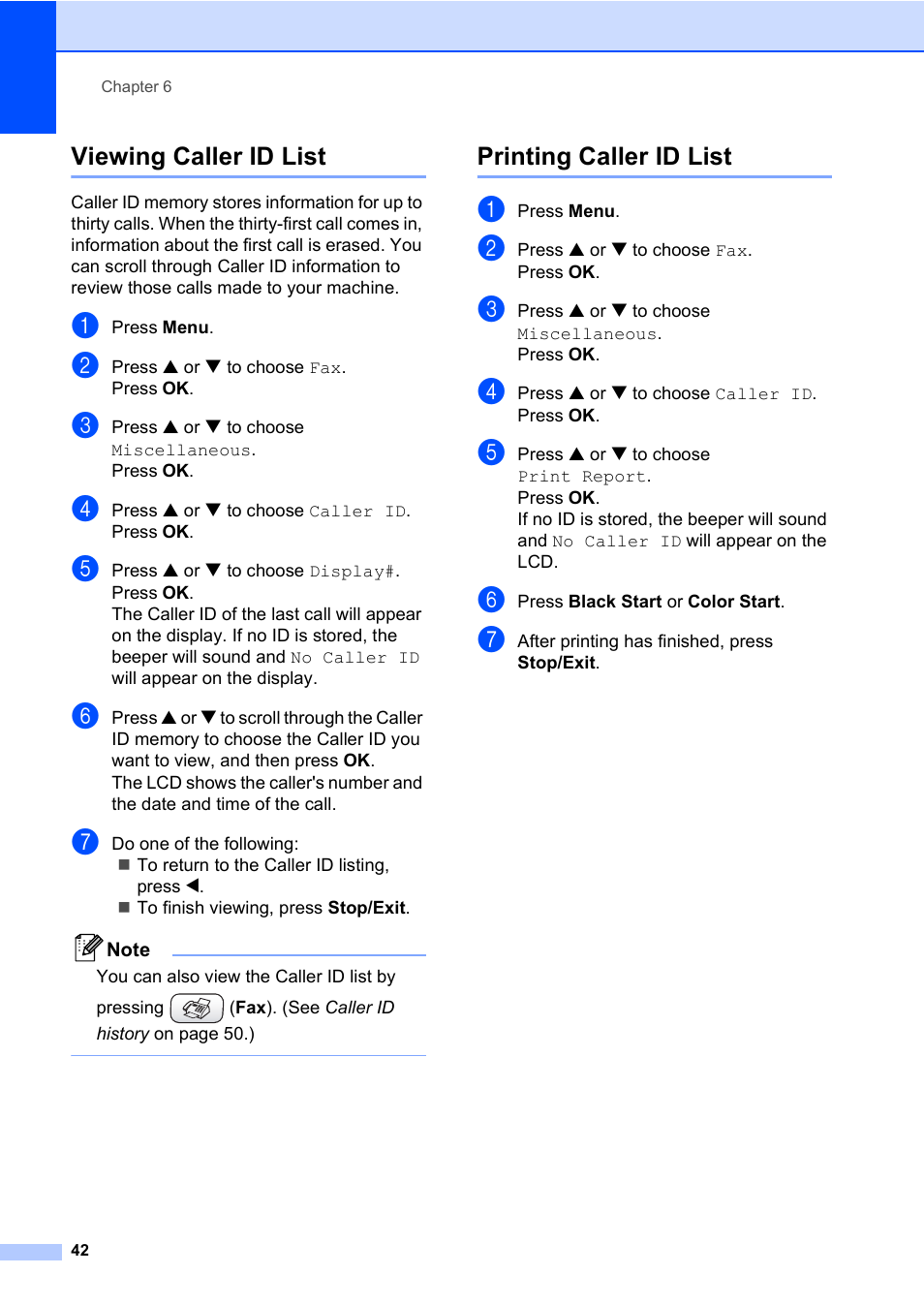 Viewing caller id list, Printing caller id list, Viewing caller id list printing caller id list | Brother MFC-820CW User Manual | Page 58 / 171