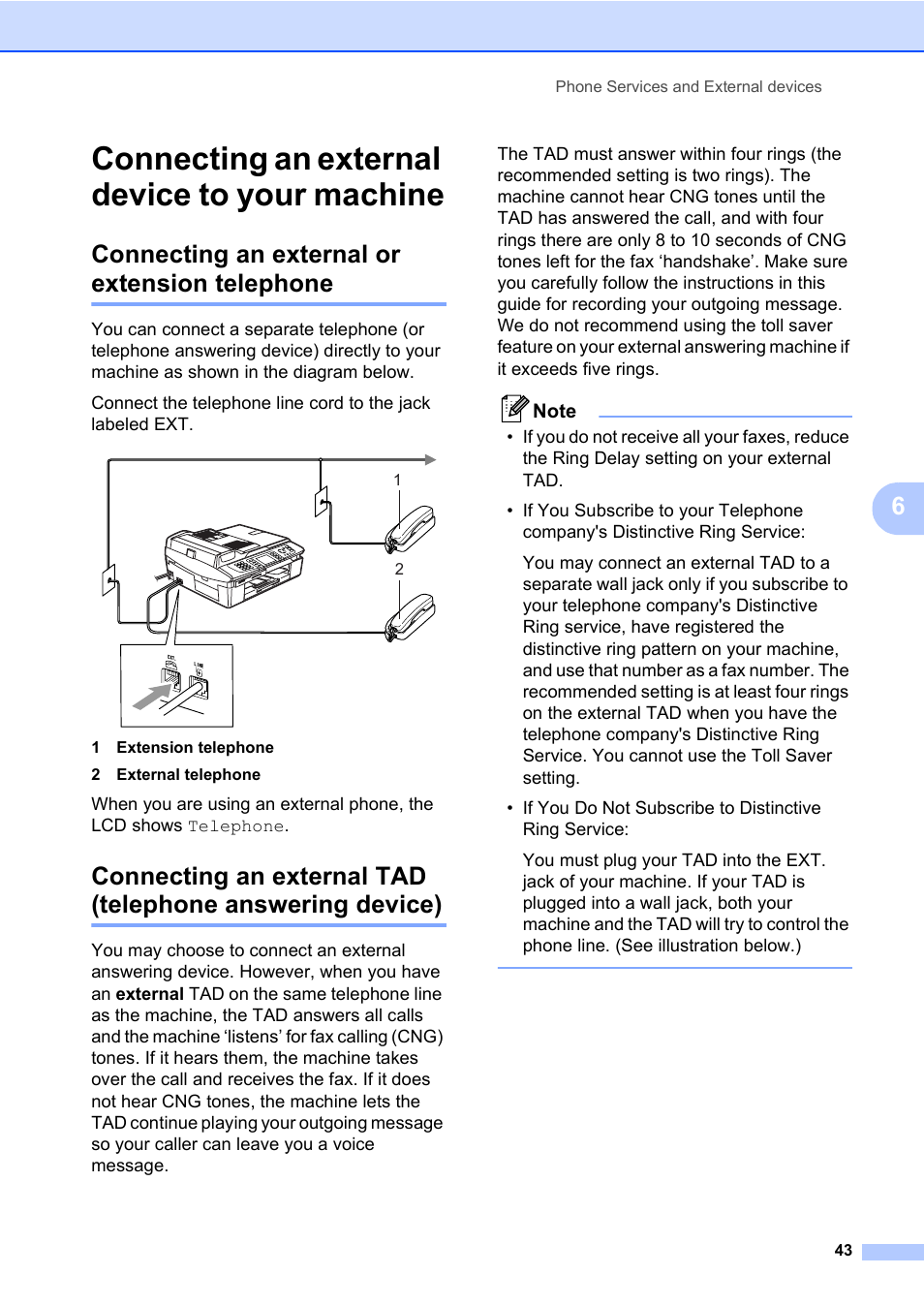 Connecting an external device to your machine, Connecting an external or extension telephone | Brother MFC-820CW User Manual | Page 59 / 171