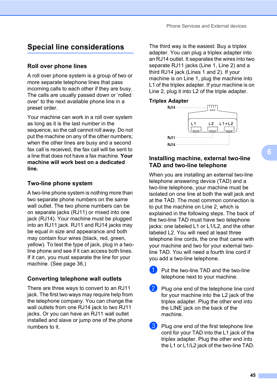 Special line considerations, Roll over phone lines, Two-line phone system | Converting telephone wall outlets, 6special line considerations | Brother MFC-820CW User Manual | Page 61 / 171