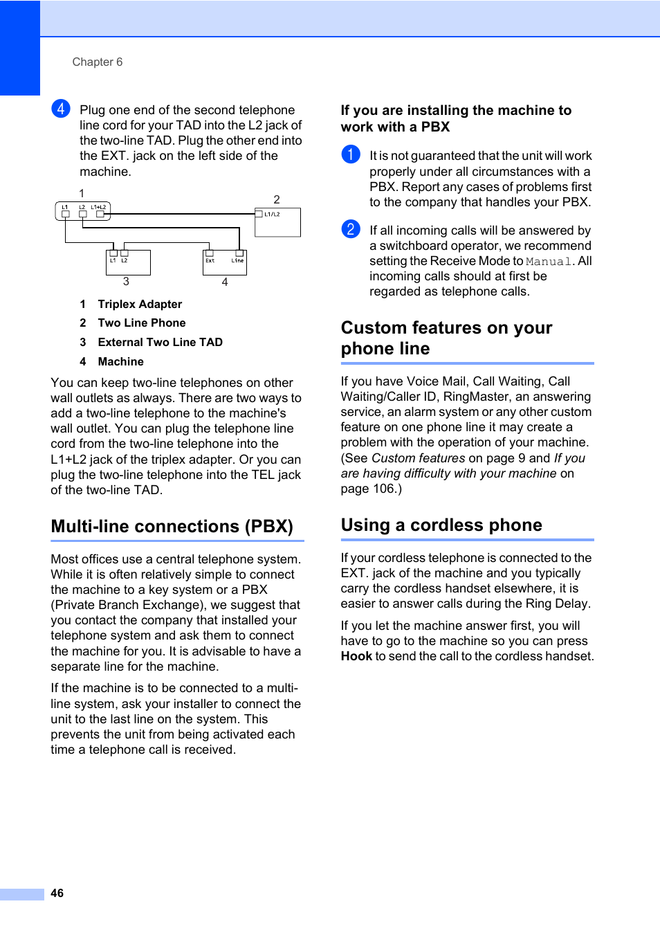 Multi-line connections (pbx), Custom features on your phone line, Using a cordless phone | Brother MFC-820CW User Manual | Page 62 / 171