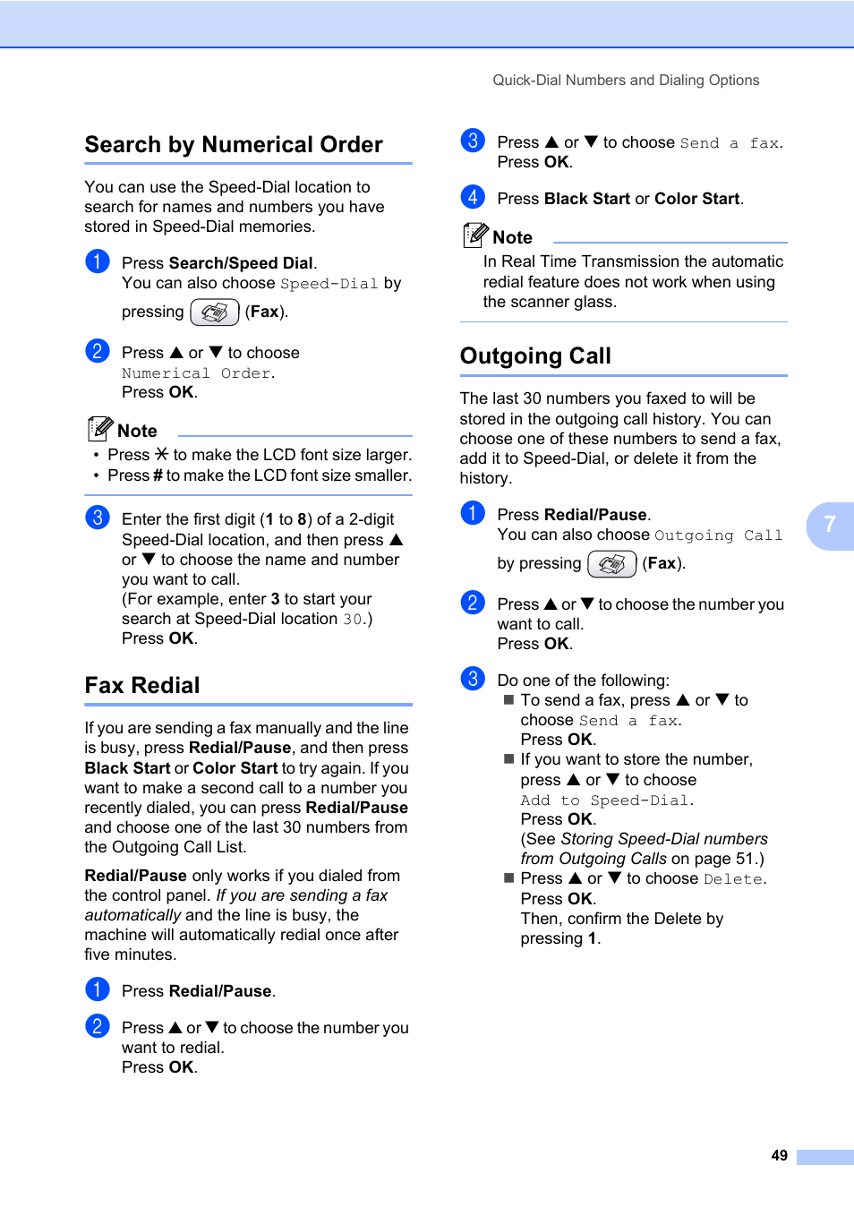 Search by numerical order, Fax redial, Outgoing call | Search by numerical order fax redial outgoing call, 7search by numerical order | Brother MFC-820CW User Manual | Page 65 / 171