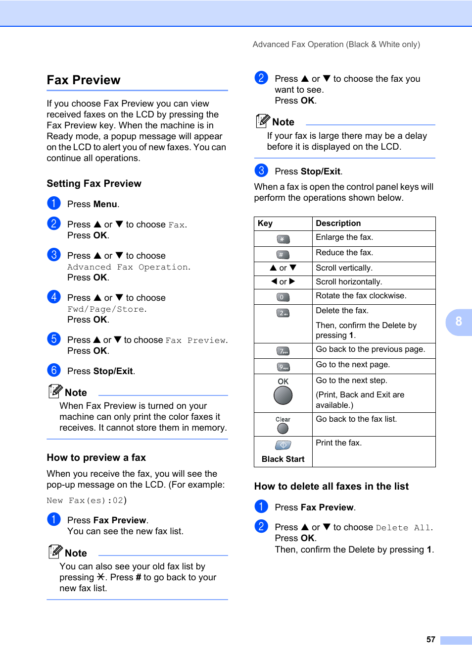 Fax preview, Setting fax preview, How to preview a fax | How to delete all faxes in the list, 8fax preview | Brother MFC-820CW User Manual | Page 73 / 171