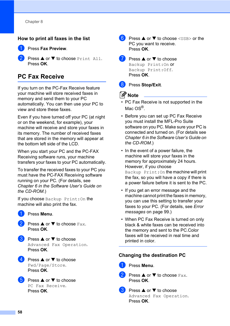 How to print all faxes in the list, Pc fax receive, Changing the destination pc | Brother MFC-820CW User Manual | Page 74 / 171