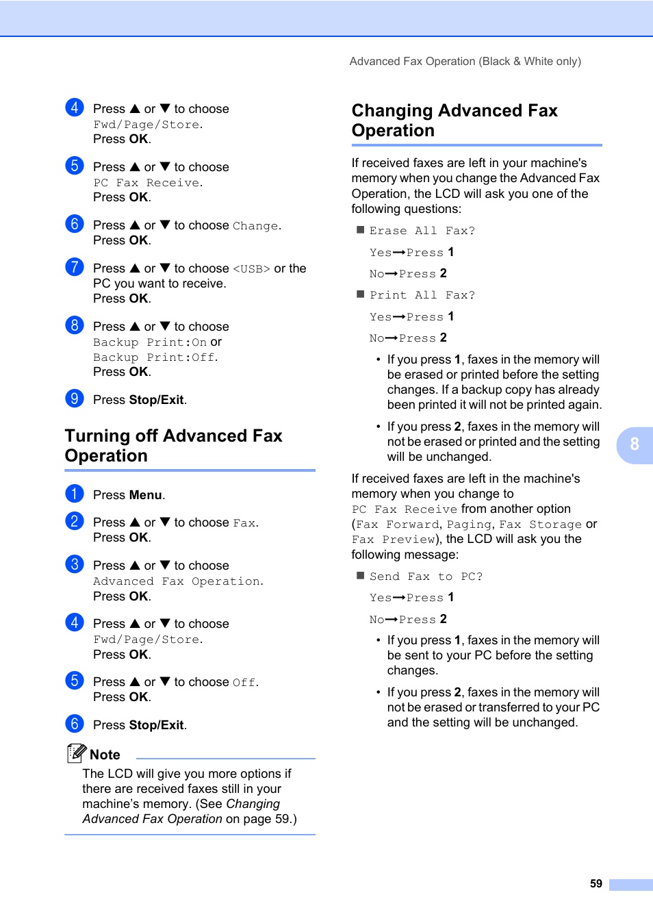 Turning off advanced fax operation, Changing advanced fax operation | Brother MFC-820CW User Manual | Page 75 / 171