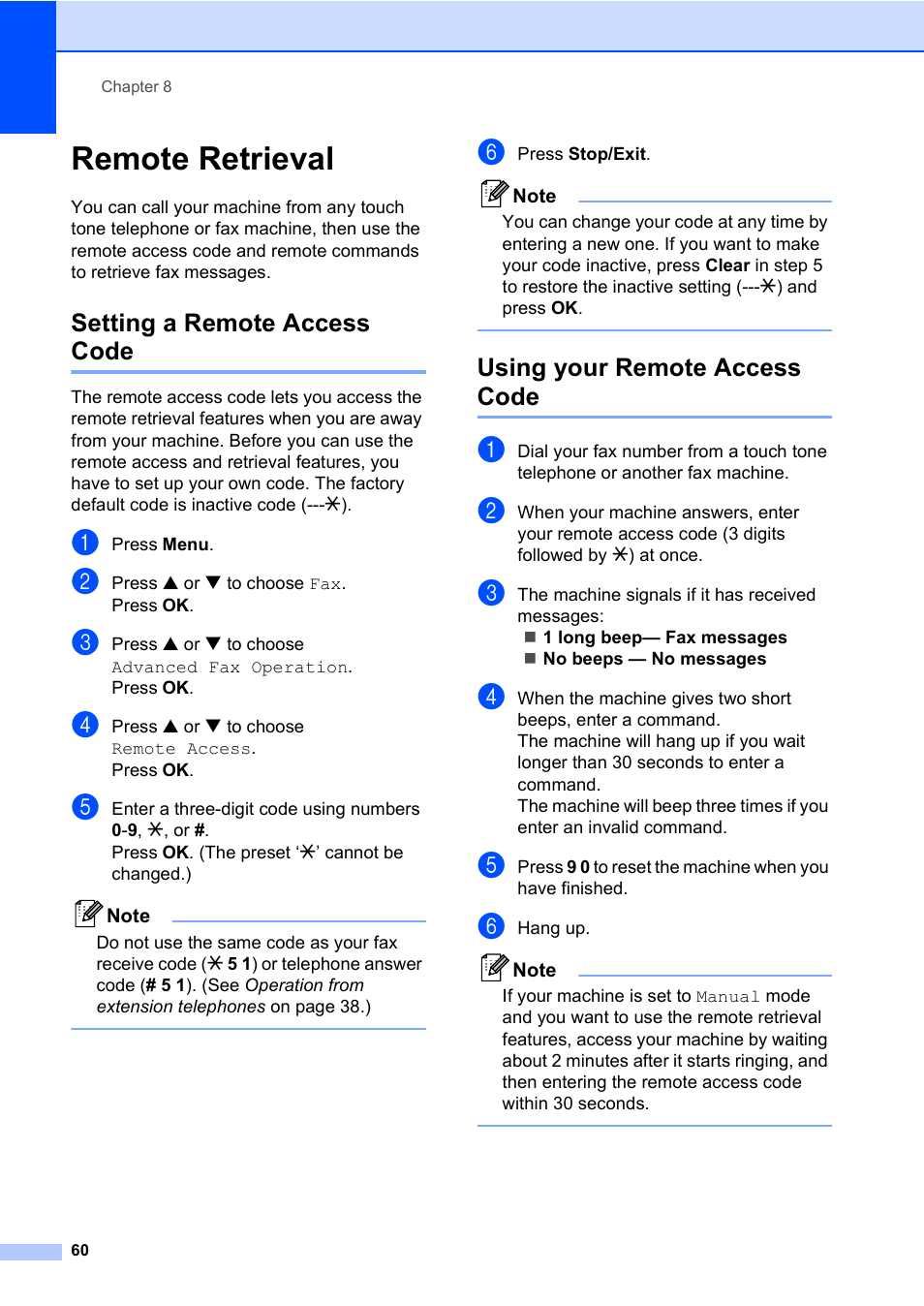 Remote retrieval, Setting a remote access code, Using your remote access code | Brother MFC-820CW User Manual | Page 76 / 171