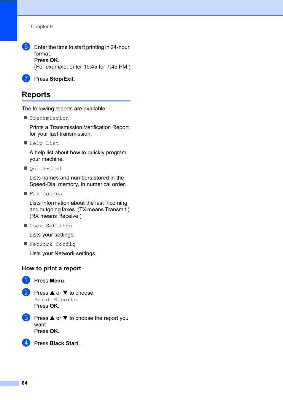 Reports, How to print a report | Brother MFC-820CW User Manual | Page 80 / 171
