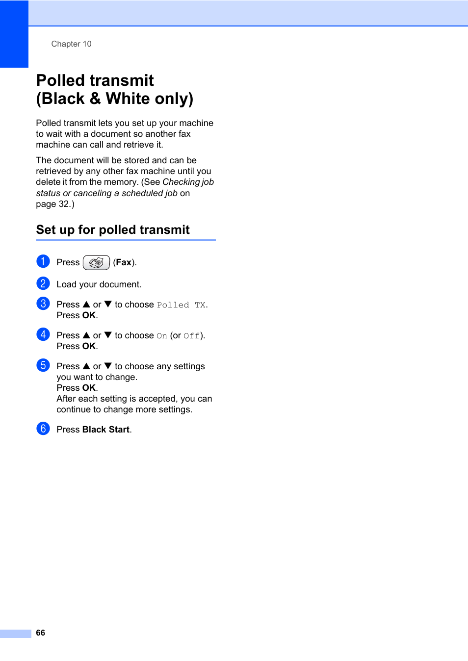 Polled transmit (black & white only), Set up for polled transmit | Brother MFC-820CW User Manual | Page 82 / 171