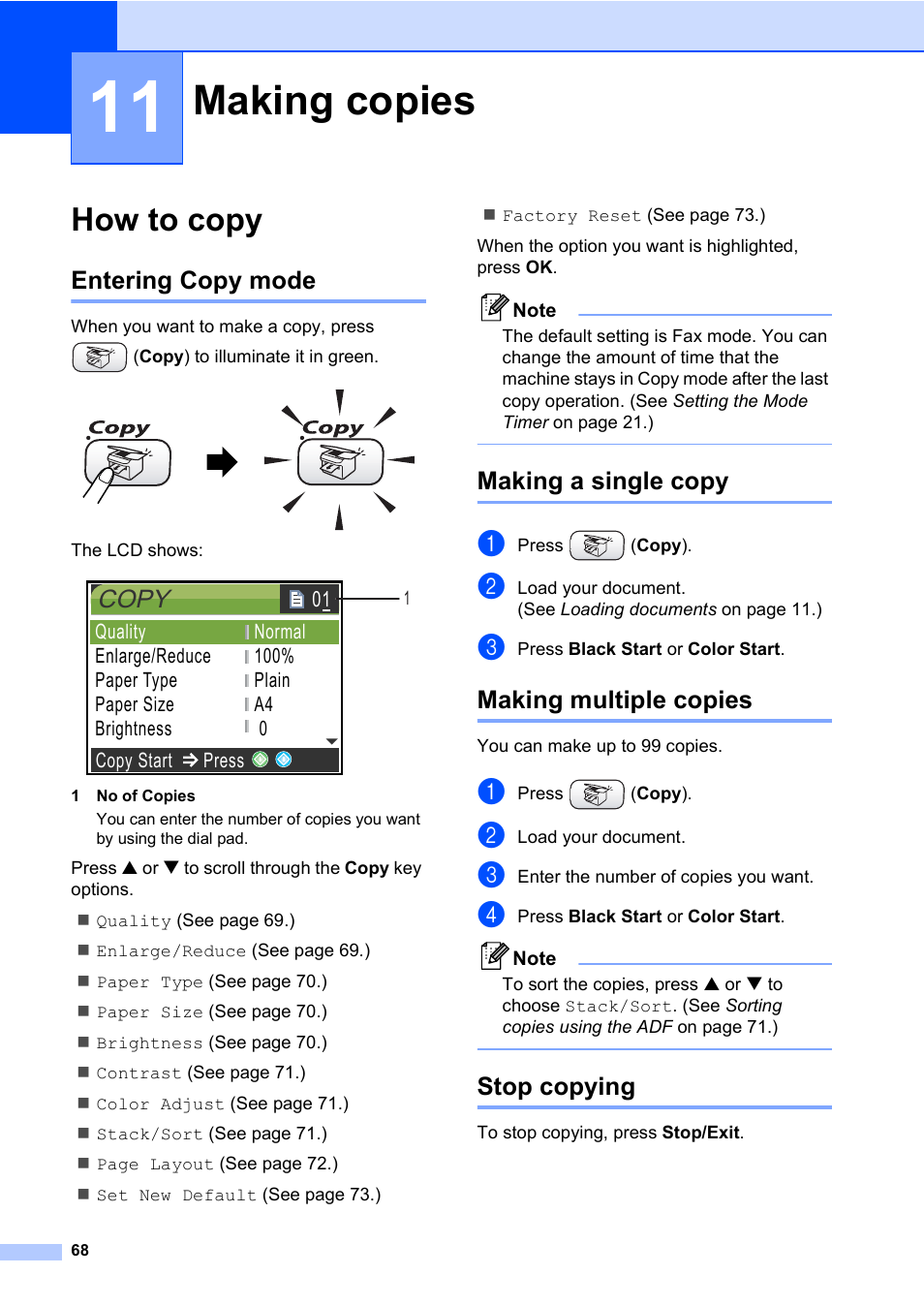 11 making copies, How to copy, Entering copy mode | Making a single copy, Making multiple copies, Stop copying, Making copies, Copy | Brother MFC-820CW User Manual | Page 84 / 171