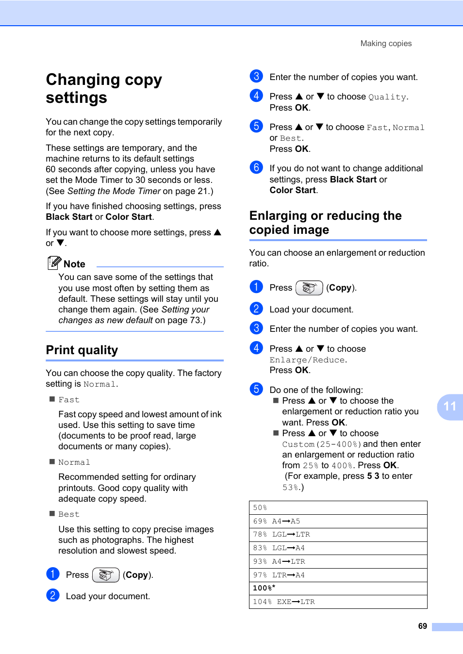 Changing copy settings, Print quality, Enlarging or reducing the copied image | Brother MFC-820CW User Manual | Page 85 / 171