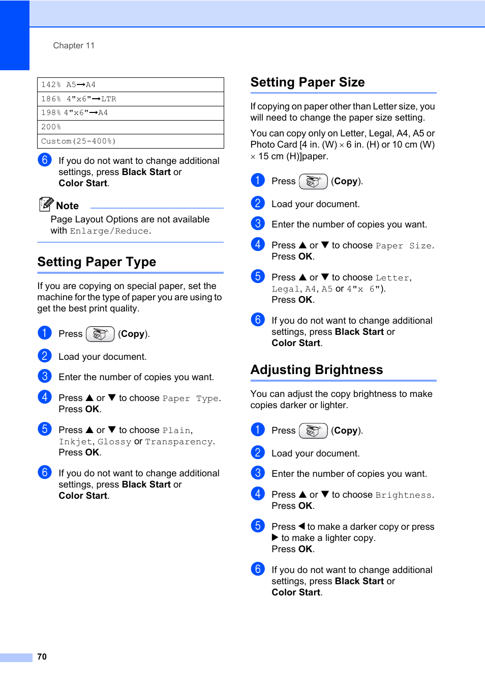 Setting paper type, Setting paper size, Adjusting brightness | Brother MFC-820CW User Manual | Page 86 / 171