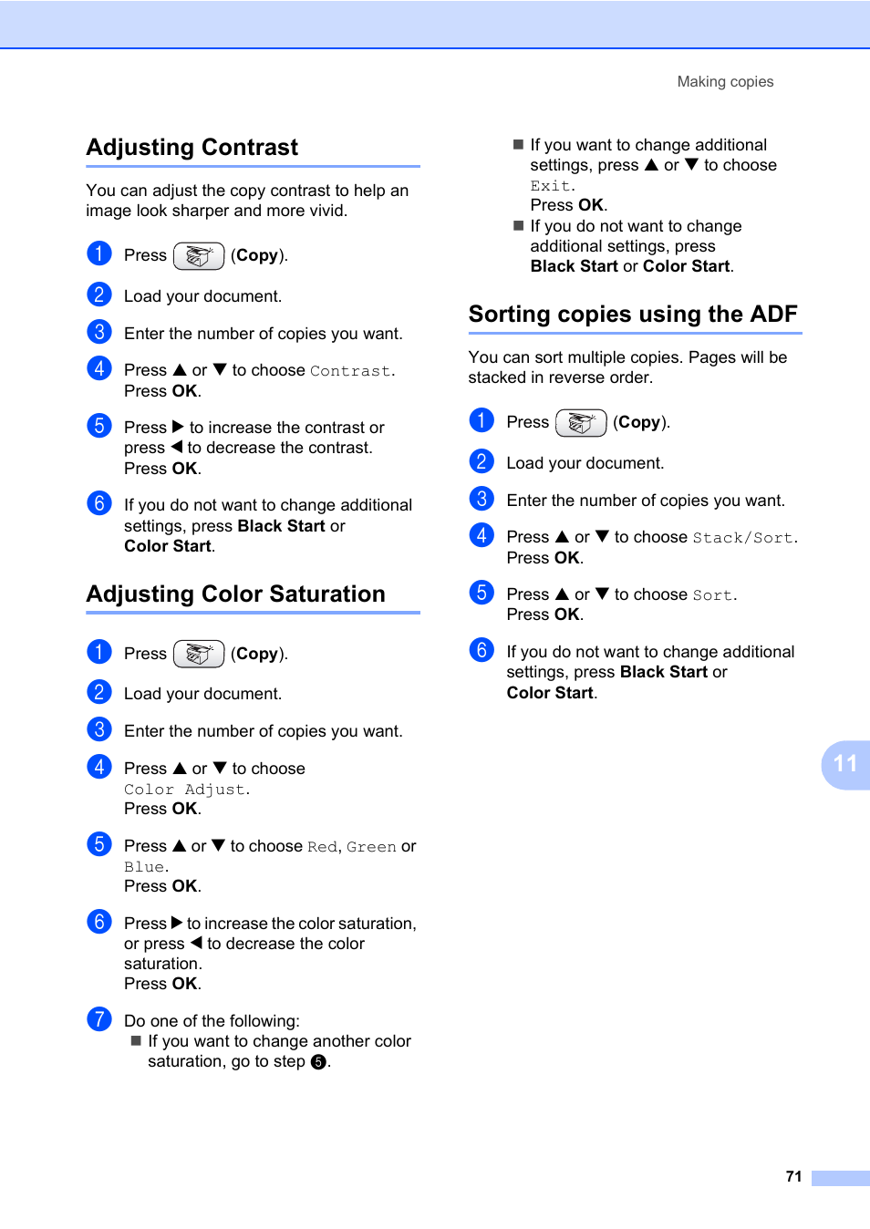 Adjusting contrast, Adjusting color saturation, Sorting copies using the adf | Sorting, 11 adjusting contrast | Brother MFC-820CW User Manual | Page 87 / 171