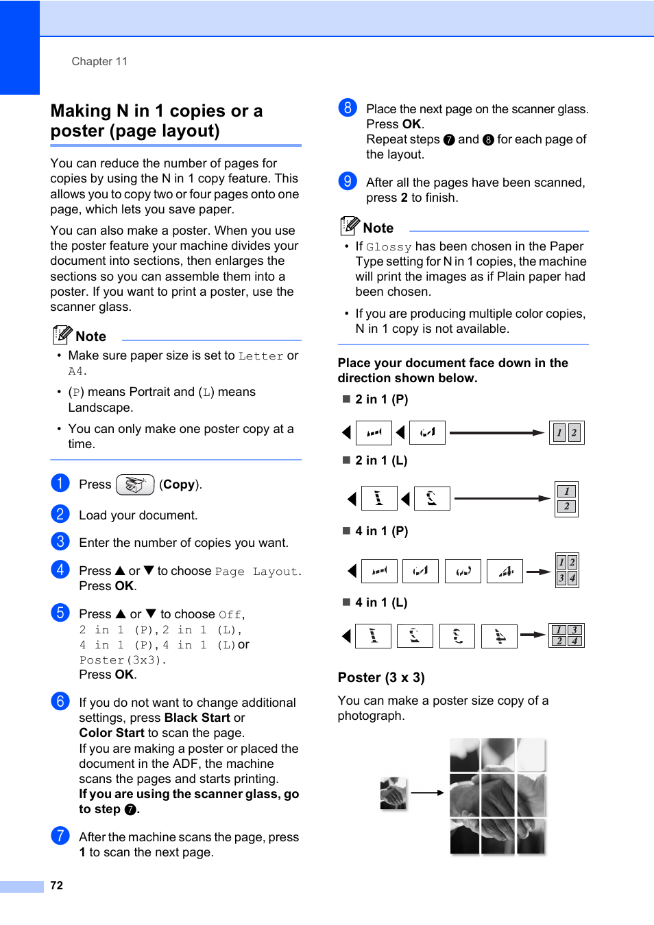 Poster (3 x 3), Making n in 1 copies or a poster (page layout) | Brother MFC-820CW User Manual | Page 88 / 171