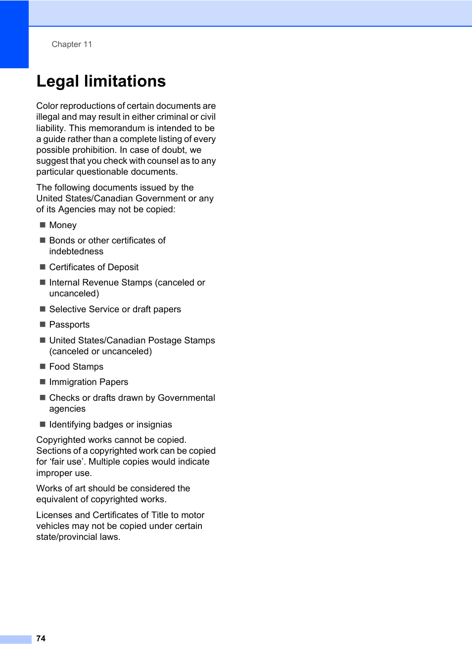 Legal limitations | Brother MFC-820CW User Manual | Page 90 / 171