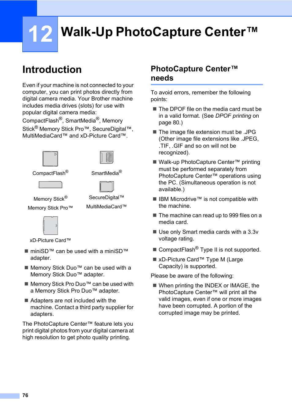 12 walk-up photocapture center, Introduction, Photocapture center™ needs | Walk-up photocapture center | Brother MFC-820CW User Manual | Page 92 / 171