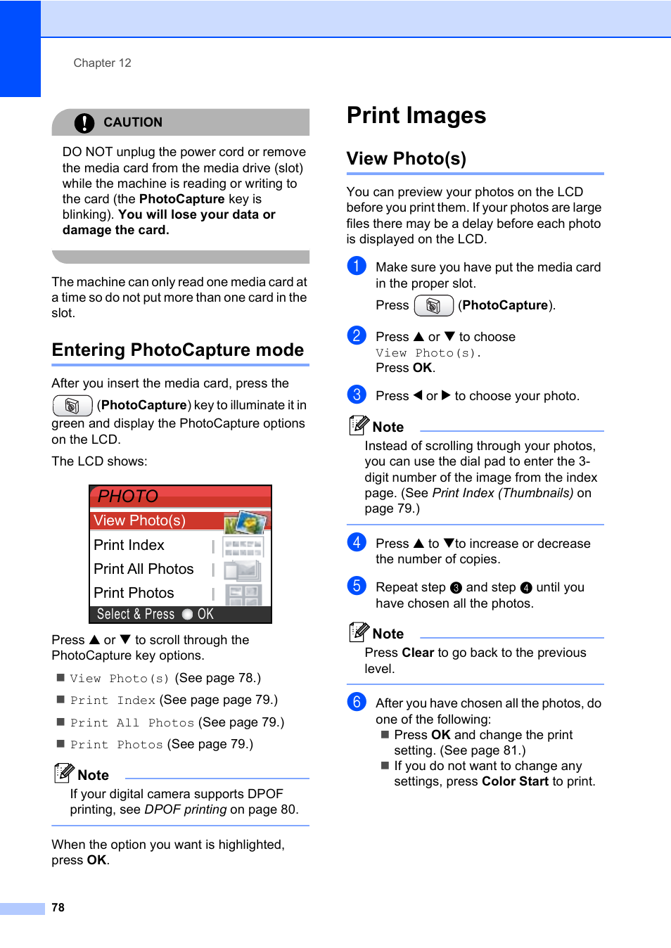 Entering photocapture mode, Print images, View photo(s) | Photo | Brother MFC-820CW User Manual | Page 94 / 171