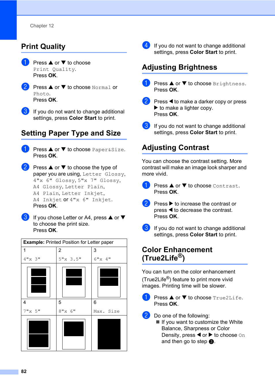 Print quality, Setting paper type and size, Adjusting brightness | Adjusting contrast, Color enhancement (true2life®), Color enhancement (true2life | Brother MFC-820CW User Manual | Page 98 / 171