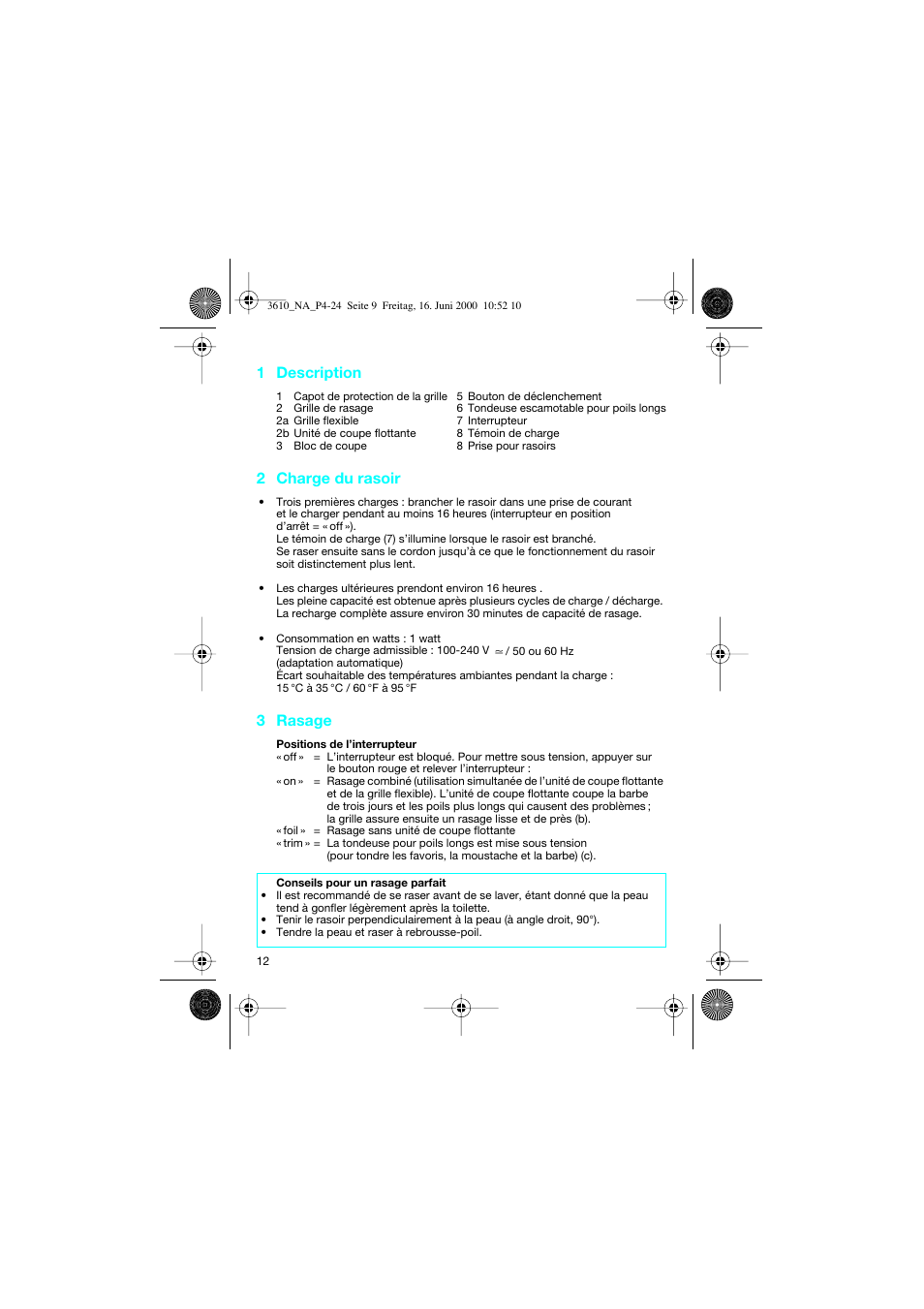 1 description, 2 charge du rasoir, 3 rasage | Braun 3610 InterFace User Manual | Page 12 / 24