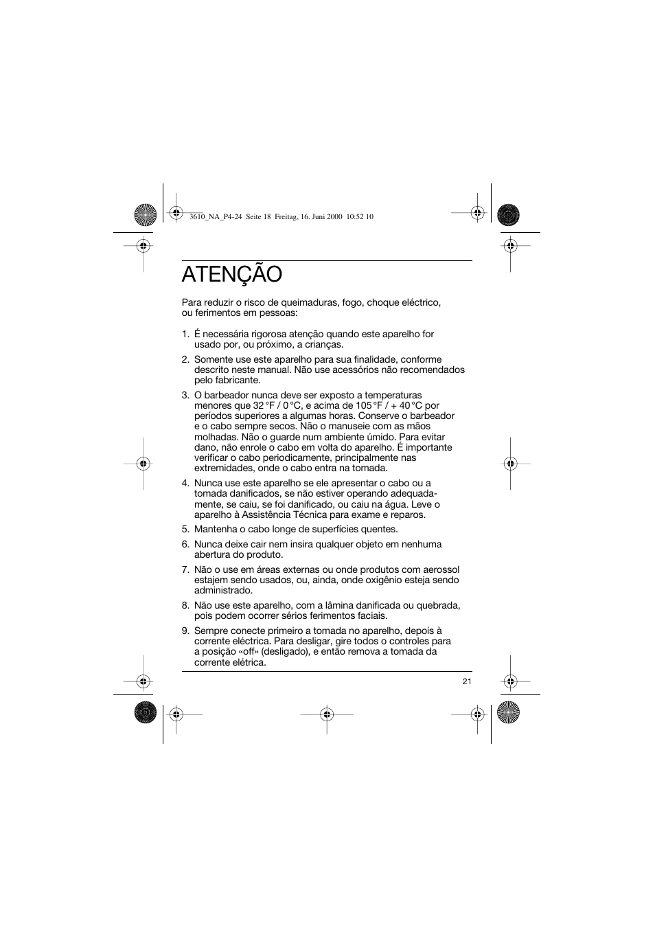 Atenção | Braun 3610 InterFace User Manual | Page 21 / 24
