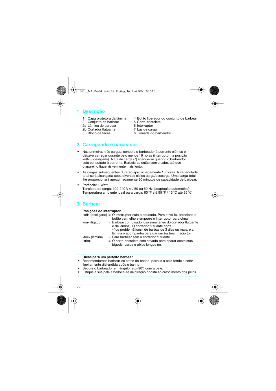 1 descrição, 2 carregando o barbeador, 3 barbear | Braun 3610 InterFace User Manual | Page 22 / 24