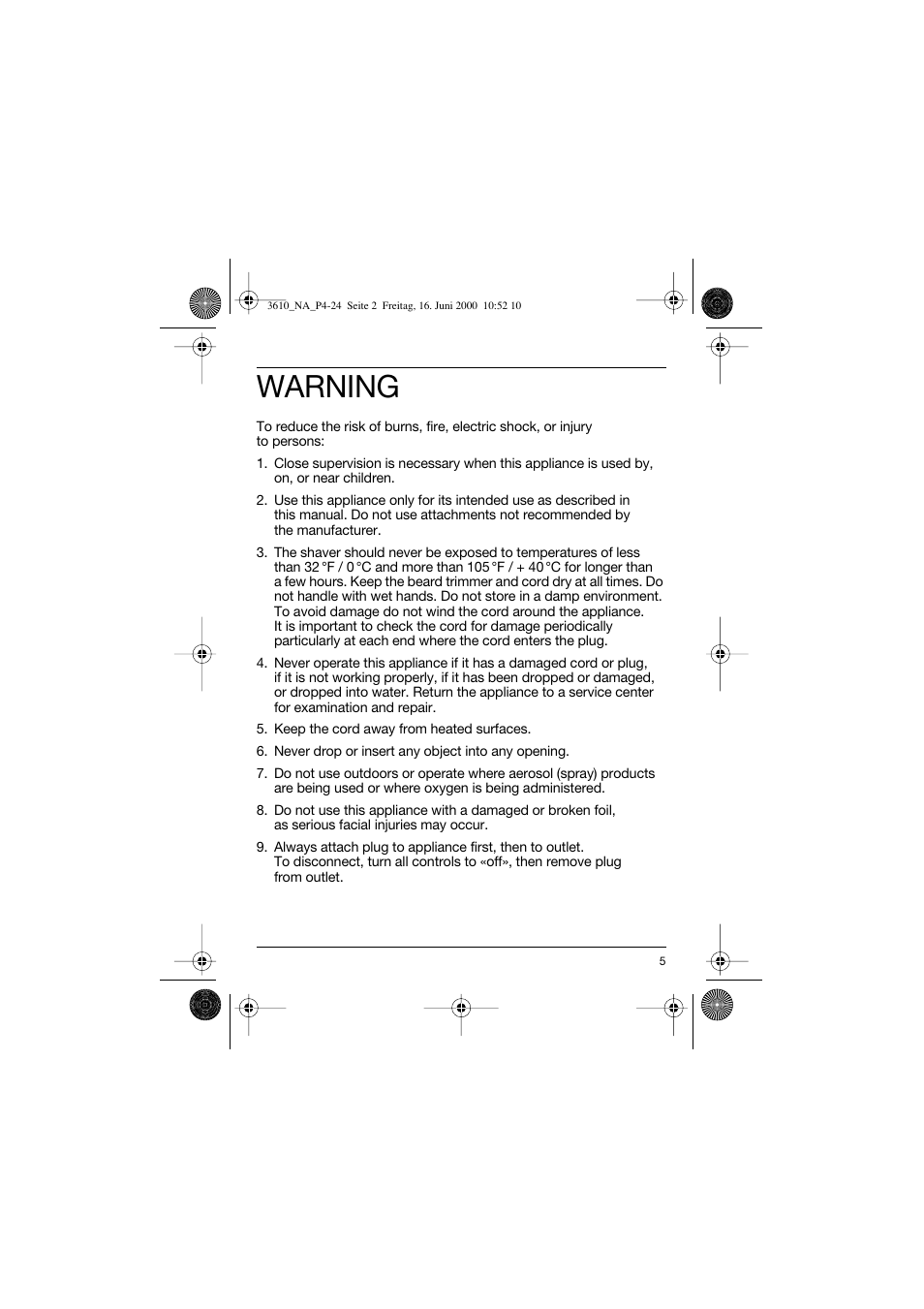 Warning | Braun 3610 InterFace User Manual | Page 5 / 24