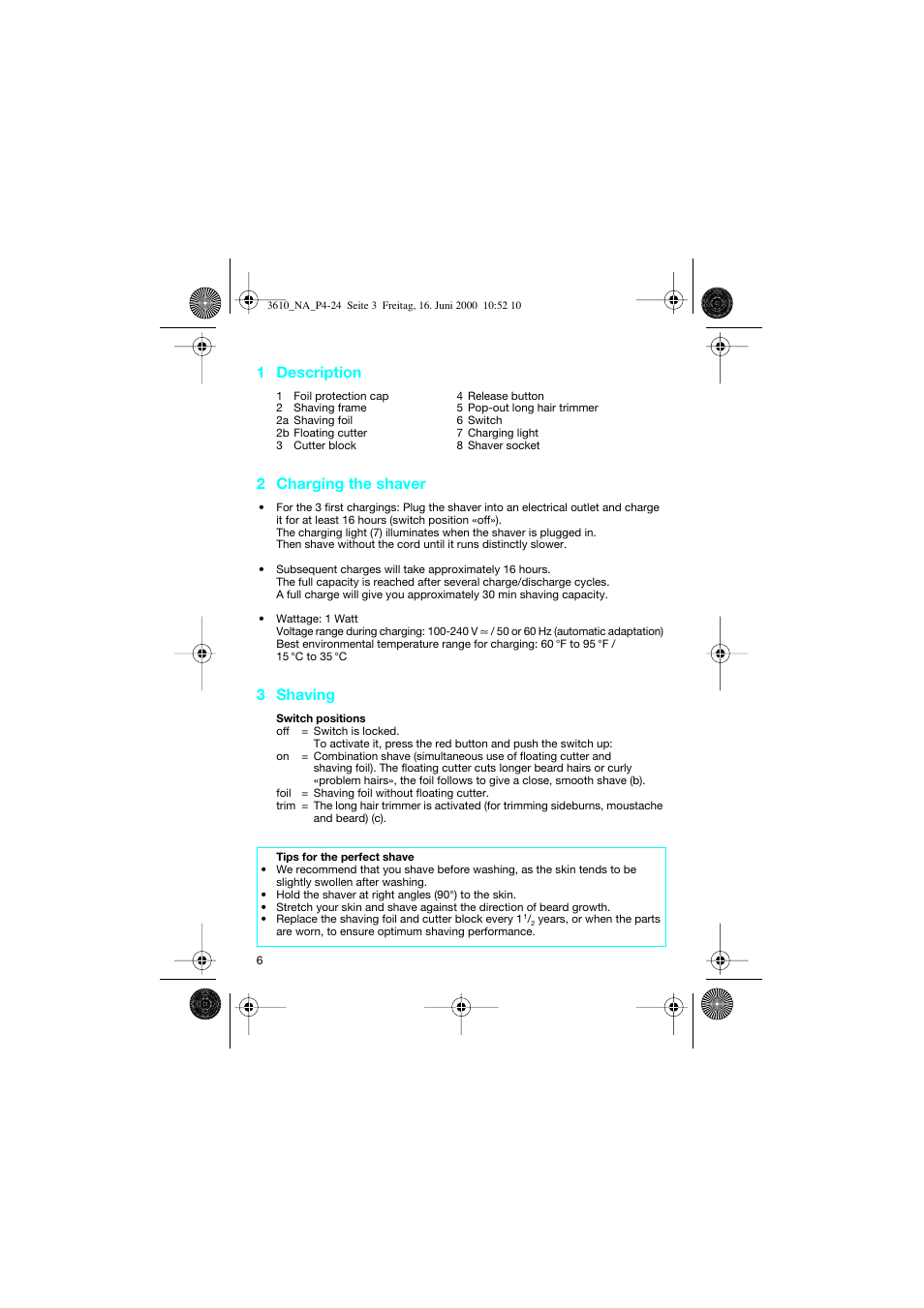 1 description, 2 charging the shaver, 3 shaving | Braun 3610 InterFace User Manual | Page 6 / 24