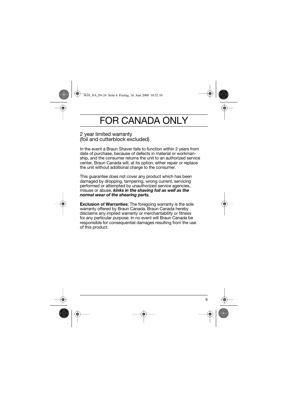 For canada only | Braun 3610 InterFace User Manual | Page 9 / 24