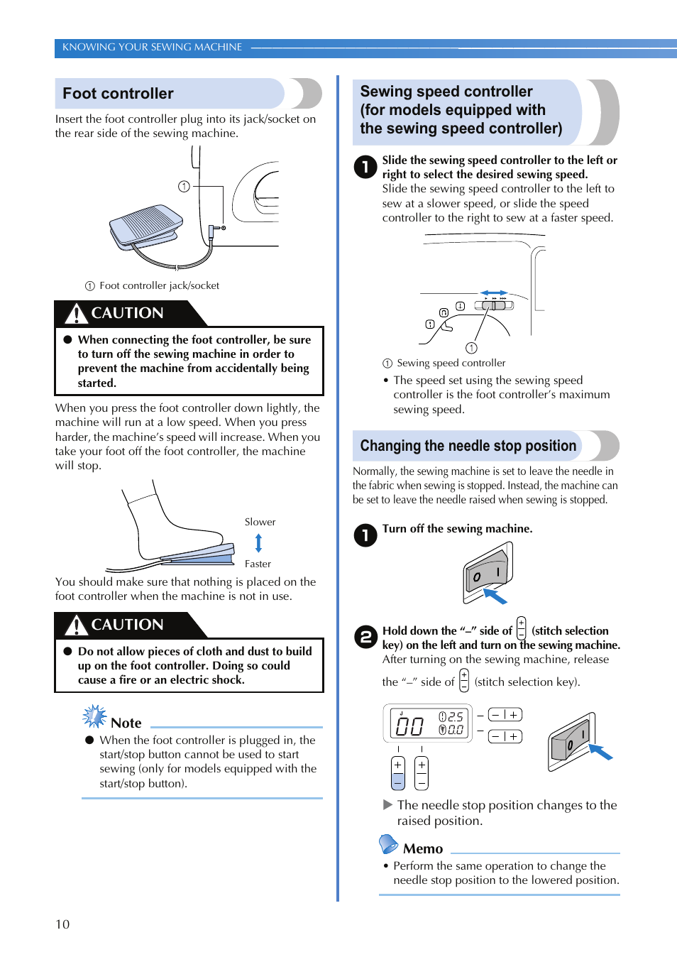 Foot controller, Changing the needle stop position, Caution | Brother XR-9000 User Manual | Page 12 / 80