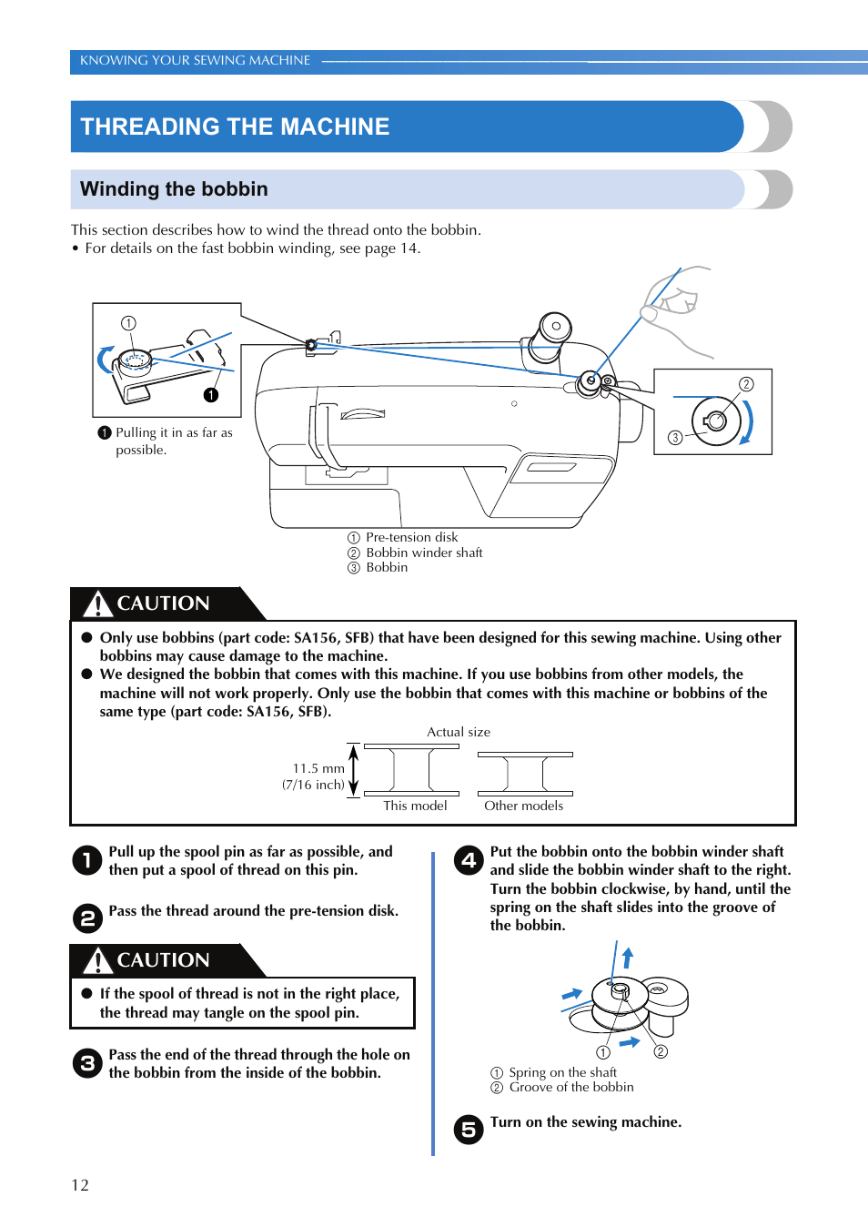 Threading the machine, Winding the bobbin, Caution | Brother XR-9000 User Manual | Page 14 / 80