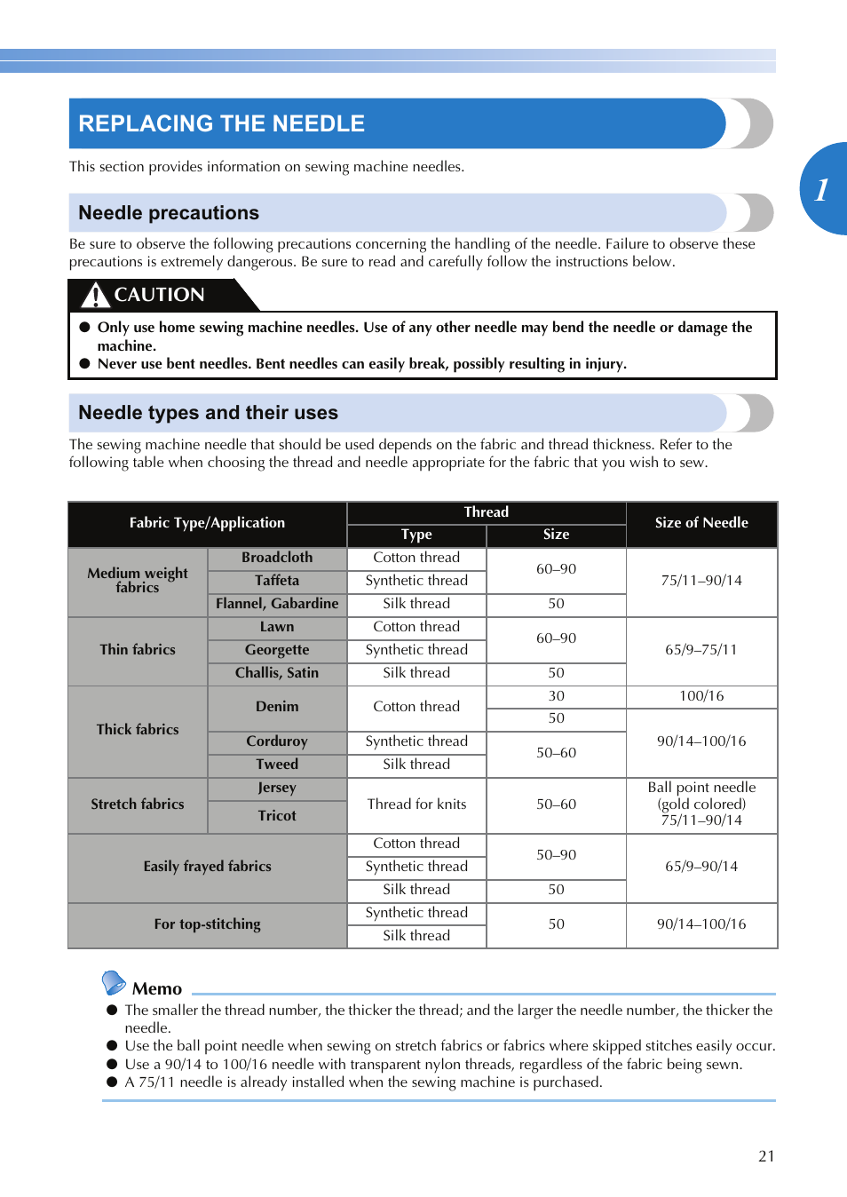 Replacing the needle, Needle precautions, Needle types and their uses | Caution | Brother XR-9000 User Manual | Page 23 / 80