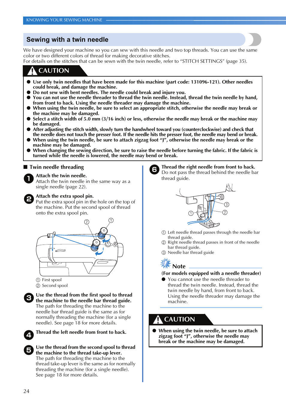 Sewing with a twin needle, Caution | Brother XR-9000 User Manual | Page 26 / 80