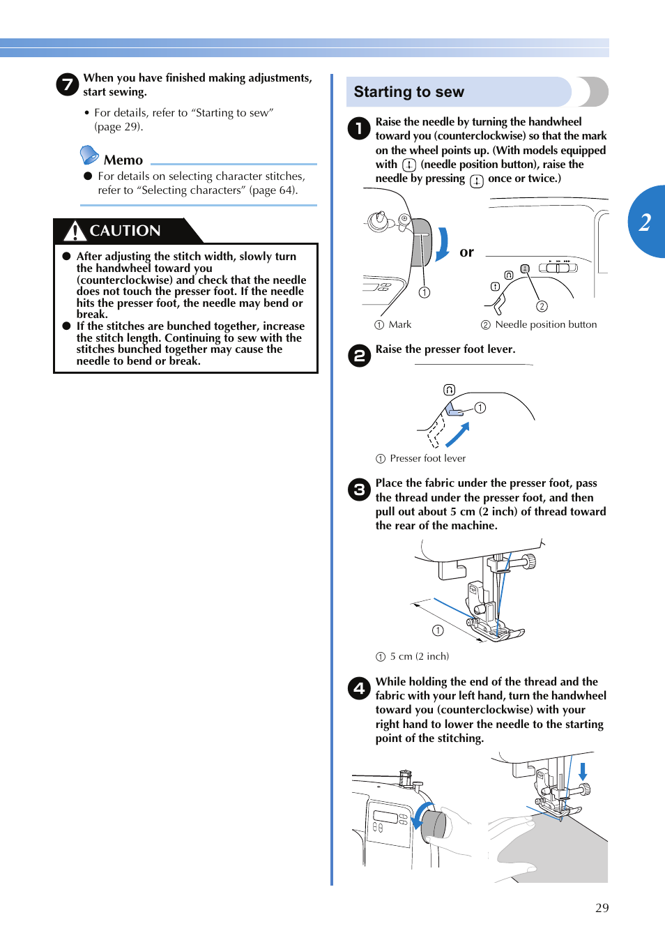 Starting to sew, Caution | Brother XR-9000 User Manual | Page 31 / 80