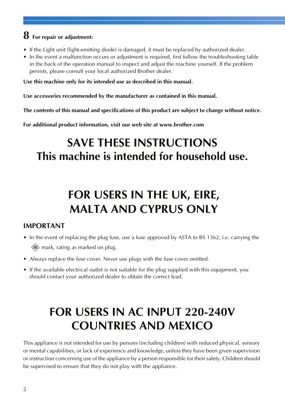 Save these instructions, For users in the uk, eire, malta and cyprus only, This machine is intended for household use | Brother XR-9000 User Manual | Page 4 / 80