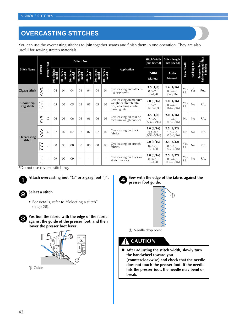 Overcasting stitches, Caution, Attach overcasting foot “g” or zigzag foot “j | Brother XR-9000 User Manual | Page 44 / 80
