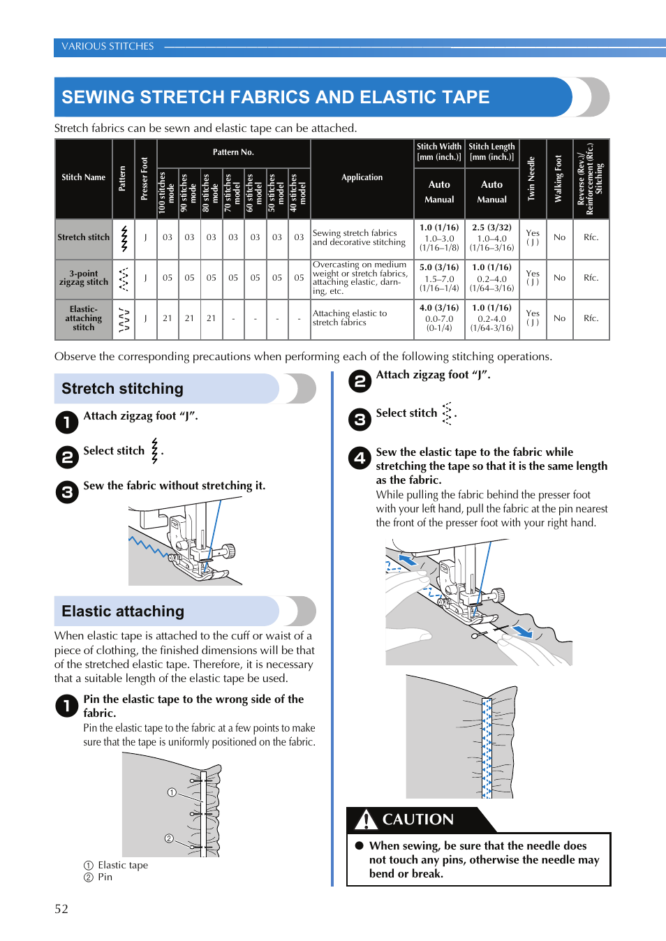 Sewing stretch fabrics and elastic tape, Stretch stitching, Elastic attaching | Caution | Brother XR-9000 User Manual | Page 54 / 80