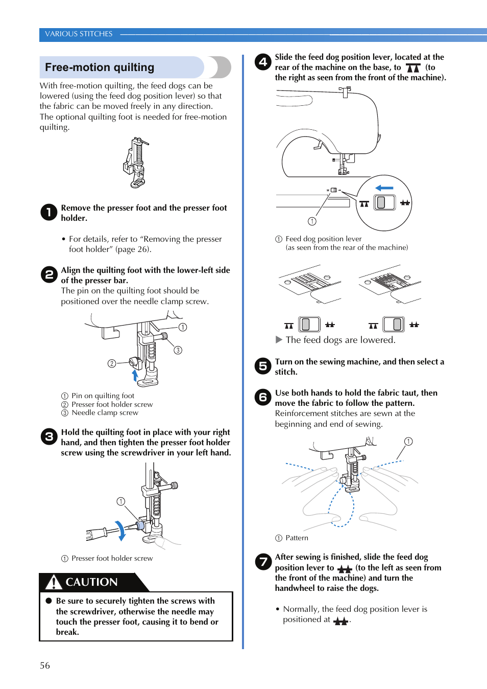 Free-motion quilting, Caution | Brother XR-9000 User Manual | Page 58 / 80