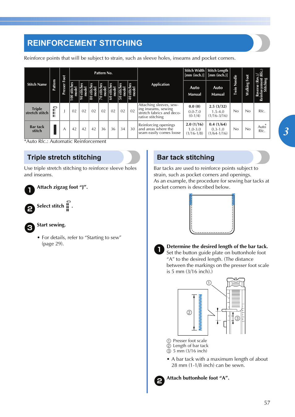 Reinforcement stitching, Triple stretch stitching, Bar tack stitching | Brother XR-9000 User Manual | Page 59 / 80