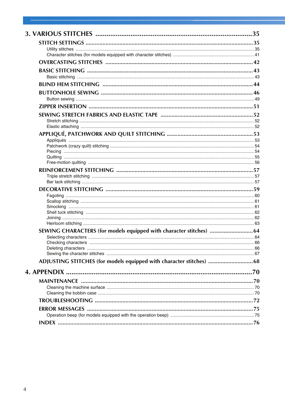 Various stitches, Appendix | Brother XR-9000 User Manual | Page 6 / 80