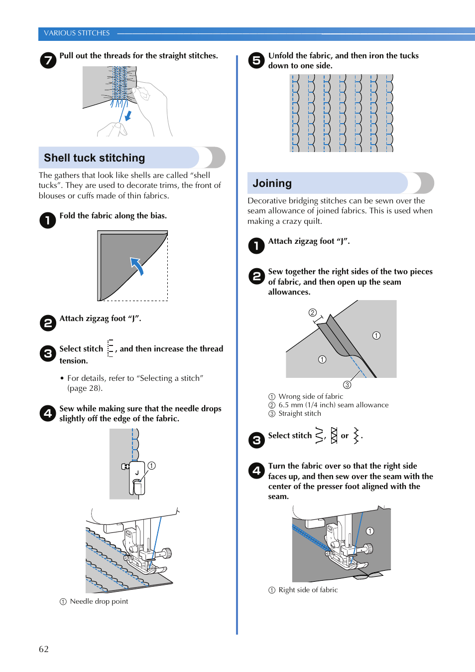 Shell tuck stitching, Joining | Brother XR-9000 User Manual | Page 64 / 80