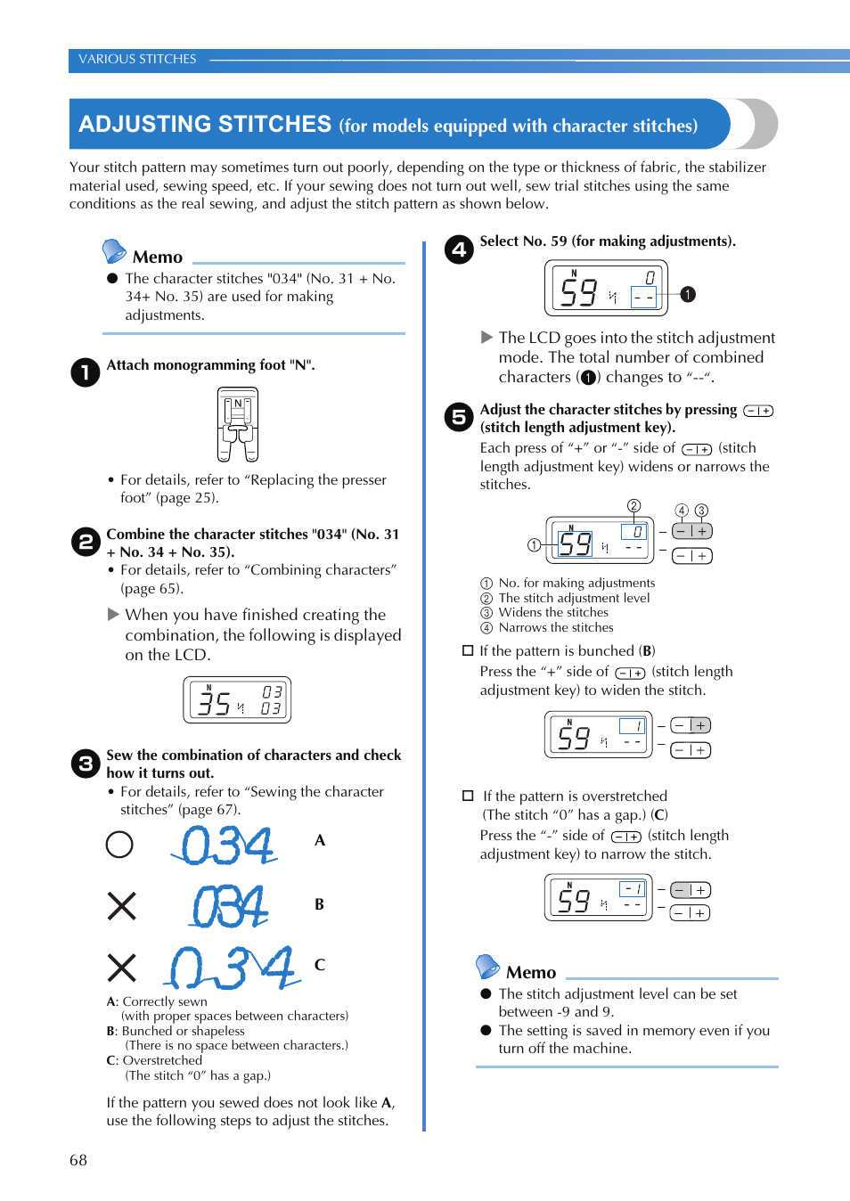 Adjusting stitches, For models equipped with character stitches) | Brother XR-9000 User Manual | Page 70 / 80
