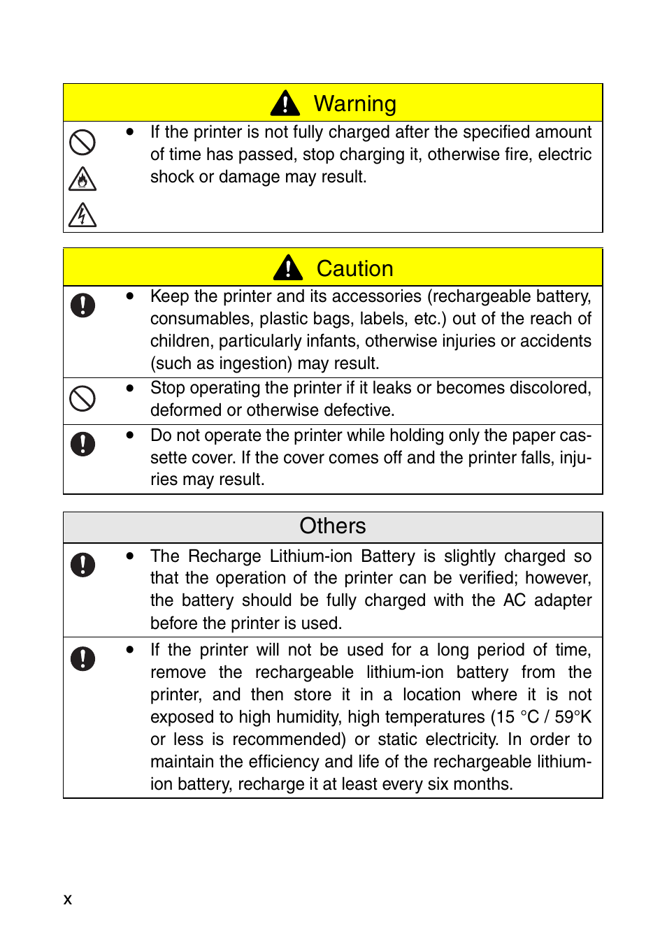Caution, Others, Warning | Brother MW-260 User Manual | Page 11 / 45