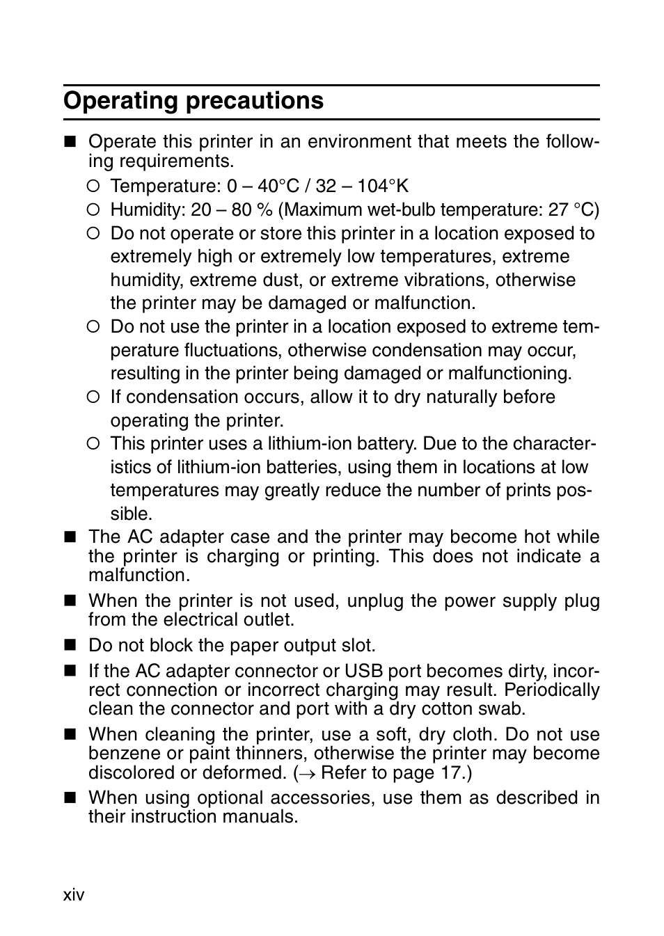 Operating precautions | Brother MW-260 User Manual | Page 15 / 45