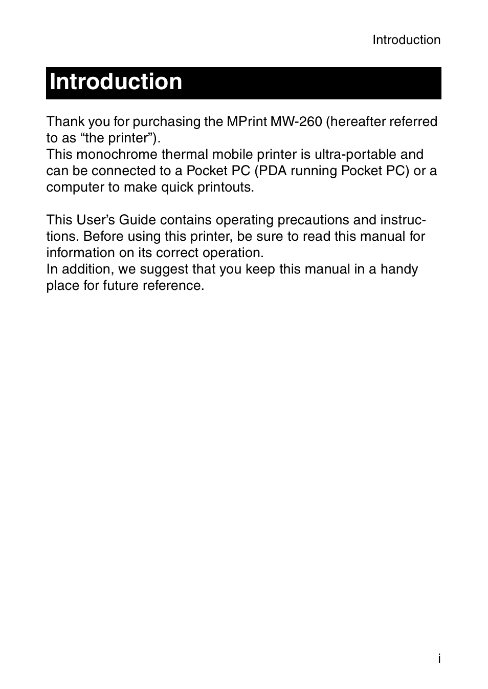 Introduction | Brother MW-260 User Manual | Page 2 / 45