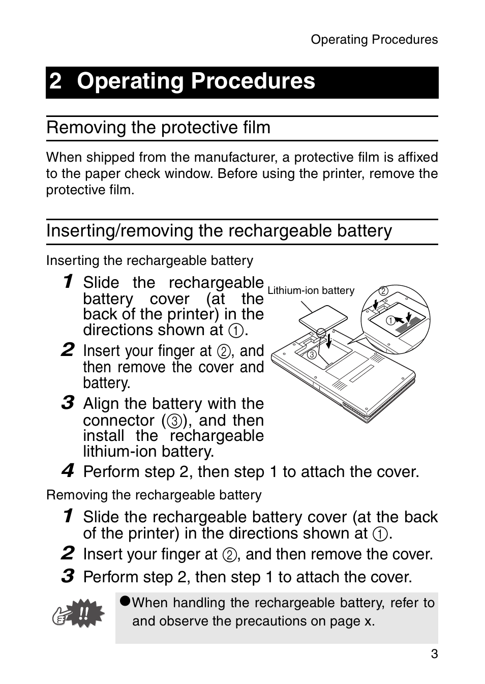 Operating procedures, Removing the protective film, Inserting/removing the rechargeable battery | 2 operating procedures | Brother MW-260 User Manual | Page 20 / 45