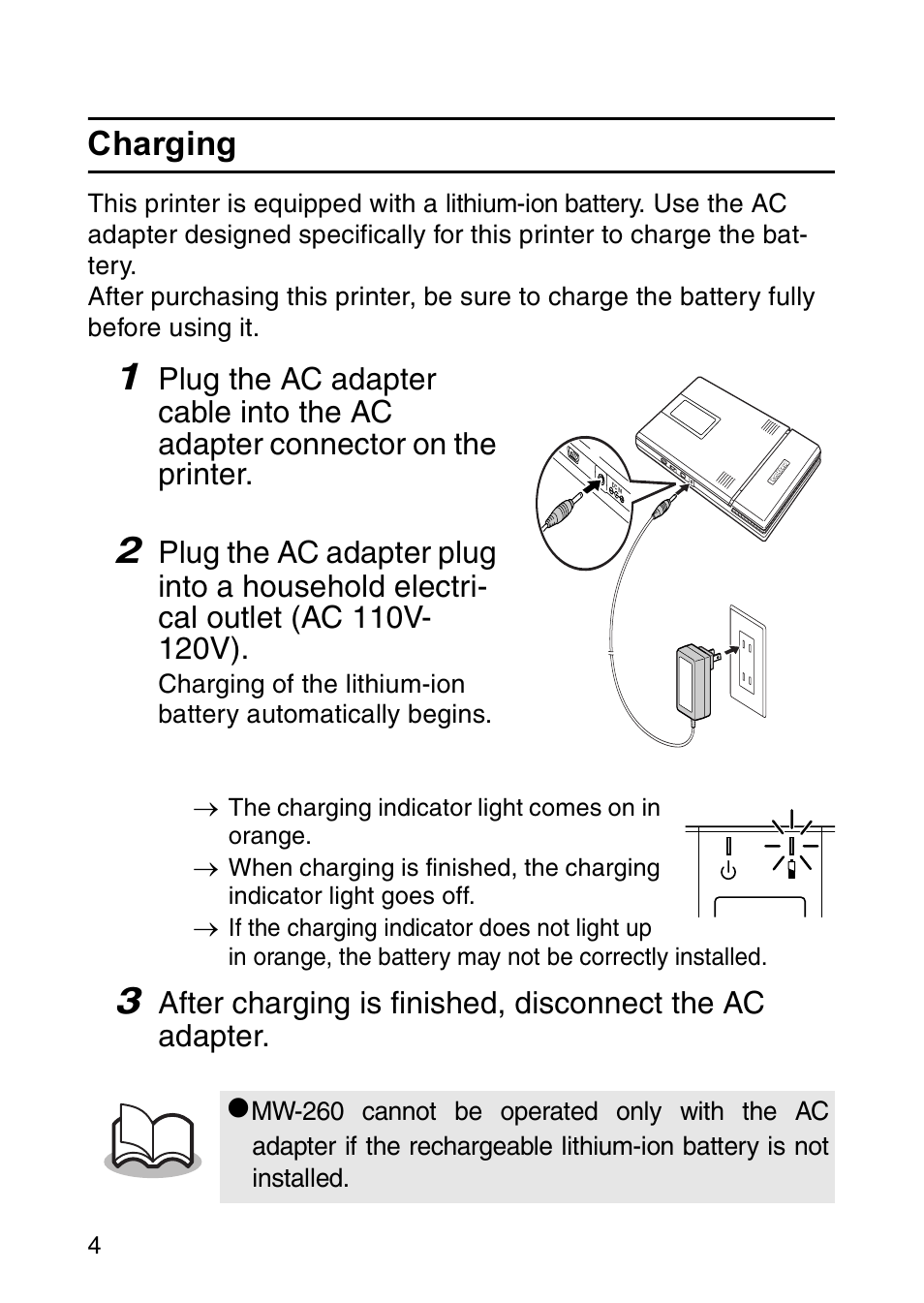 Charging | Brother MW-260 User Manual | Page 21 / 45