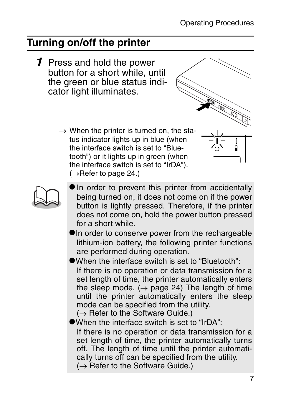 Turning on/off the printer | Brother MW-260 User Manual | Page 24 / 45